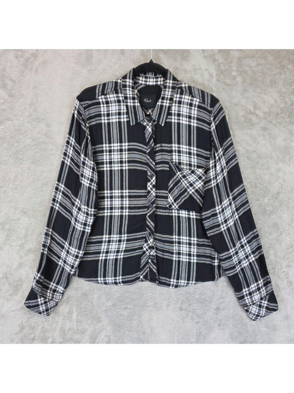 Rails Dylan Button Up Shirt Womens L Black Plaid Collared Long Sleeve Rayon